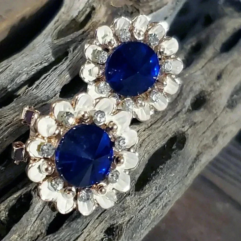 Sapphire Blue Lady Di Style Austrian Rivoli Crystal Earrings